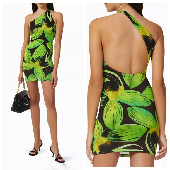 Louisa Ballou Heatwave One Shoulder Plunge Mini Dress Black Green Floral XL - Picture 1 of 9